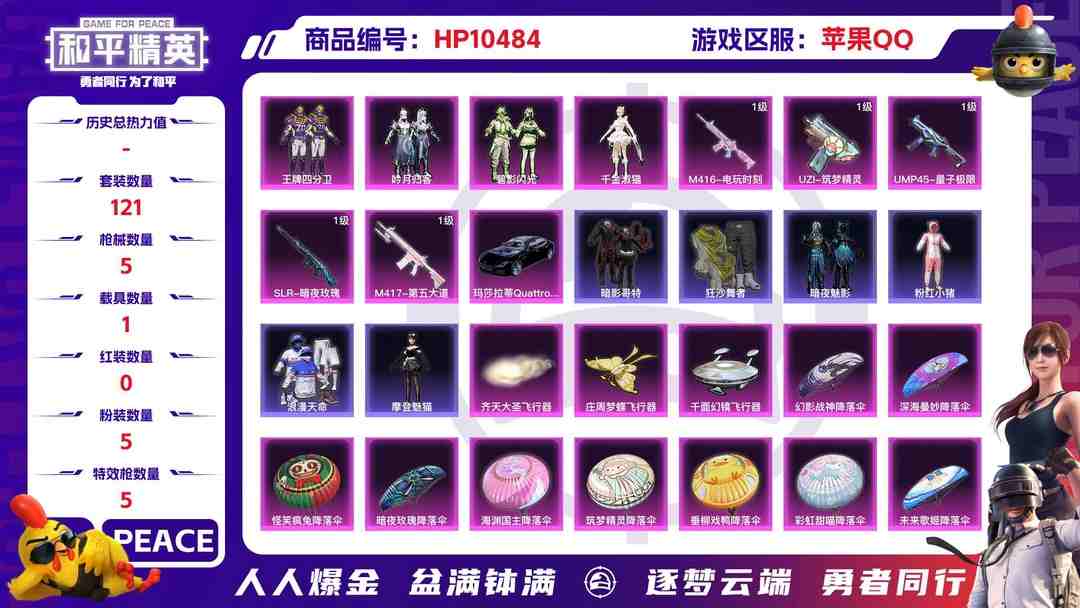 和平精英账号苹果QQ【HPX104】121套装/枪械5/装备209/载具1/战备136/王牌印记9/热力值54687/五级M416-电玩时刻/七级UZI-筑梦精灵/五级UMP45-量子极限/五级SLR-暗夜玫瑰/五级M