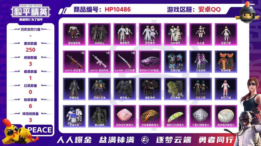 和平精英账号安卓QQ【HPX140】250套装/枪械3/装备354/载具1/战备223/王牌印记17/热力值90897/五级M416-电玩时刻/七级M416-风花雪月/五级Kar98K-巳巳如意/宾利BATUR(极速紫