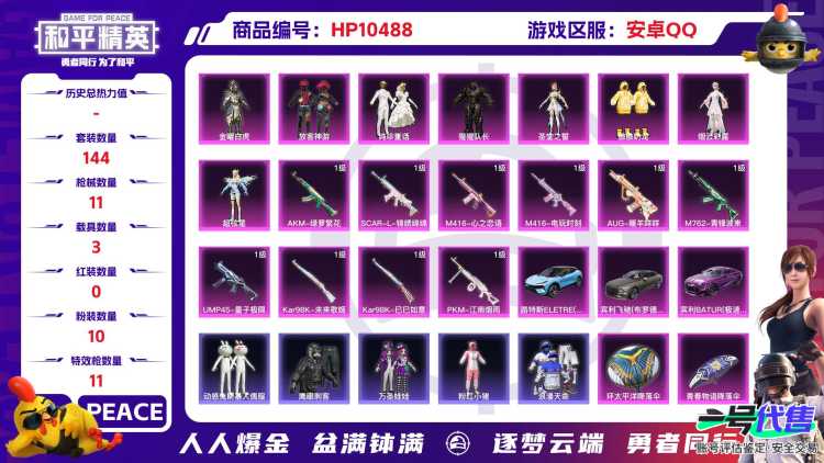【HPX149】144套装/枪械11/装备238/载具3/战备143/王牌印记13/热力值65574/五级AKM-绿萝繁花/五级SCAR-L-锦绣绵绵/七级M416-心之恋语/五级M416-电玩时刻