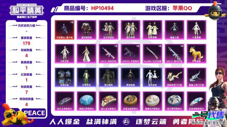 【HPX197】179套装/枪械4/装备279/载具1/战备171/王牌印记11/热力值75237/五级M416-电玩时刻/三级UMP45-宇宙意志/五级Kar98K-巳巳如意/四级MK12-雪月幻
