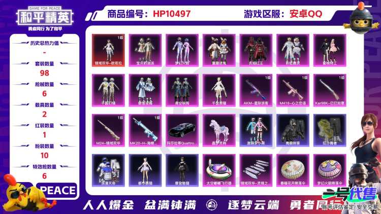 【HPX207】98套装/枪械6/装备141/载具2/战备92/王牌印记11/热力值42012/二级AKM-星际浪客/四级M416-心之恋语/五级Kar98K-巳巳如意/三级M24-镜域双华/二级M