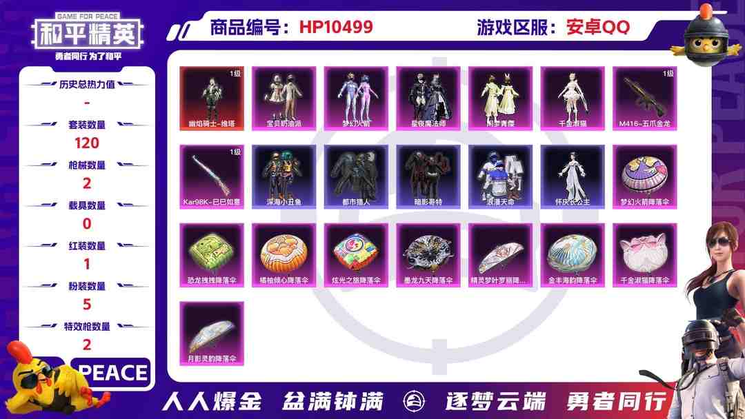 和平精英账号安卓QQ【HPX213】120套装/枪械2/装备163/战备116/王牌印记11/热力值43115/七级M416-五爪金龙/五级Kar98K-巳巳如意/二级幽焰骑士-维塔/幽焰骑士-维塔/梦幻火箭/宝贝奶油