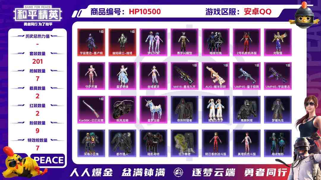 和平精英账号安卓QQ【HPX214】201套装/枪械7/装备350/载具2/战备195/王牌印记10/热力值95200/三级AKM-幽焰骑士/三级M416-墨龙九天/五级GROZA-镜光银凌/五级AUG-暖羊咩咩/五级
