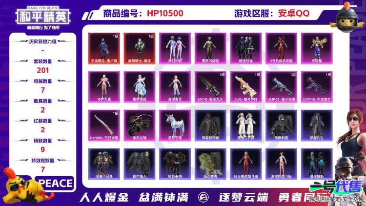 【HPX214】201套装/枪械7/装备350/载具2/战备195/王牌印记10/热力值95200/三级AKM-幽焰骑士/三级M416-墨龙九天/五级GROZA-镜光银凌/五级AUG-暖羊咩咩/五级