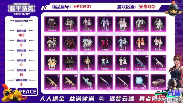 【HPX216】183套装/枪械8/装备297/载具1/战备143/王牌印记7/热力值75767/四级AKM-梦之光华/五级SCAR-L-锦绣绵绵/四级M416-暖熊萌萌/七级UMP45-启明星/四