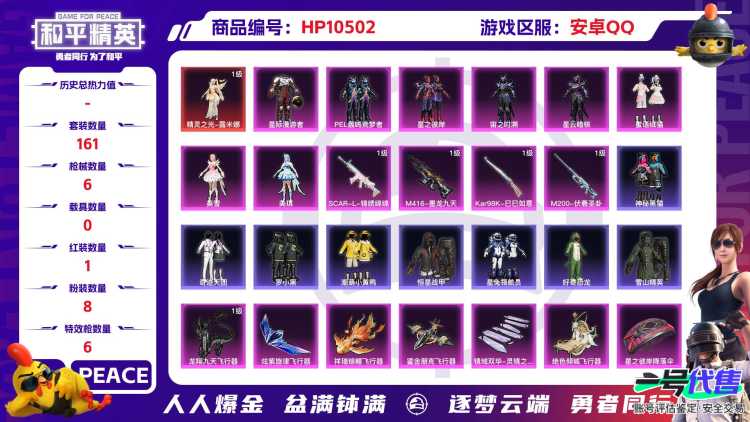 【HPX219】161套装/枪械6/装备287/战备129/王牌印记4/热力值67329/五级SCAR-L-锦绣绵绵/三级M416-墨龙九天/七级GROZA-巴啦啦小魔仙/三级GROZA-精灵之光/