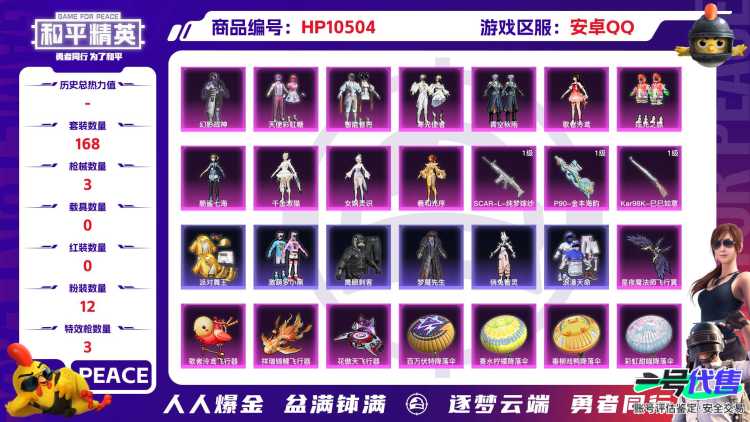 【HPX226】168套装/枪械3/装备270/战备155/王牌印记18/热力值74832/七级SCAR-L-纯梦嫁纱/七级P90-金丰海韵/五级Kar98K-巳巳如意/幻影战神/智能音符/天使彩虹
