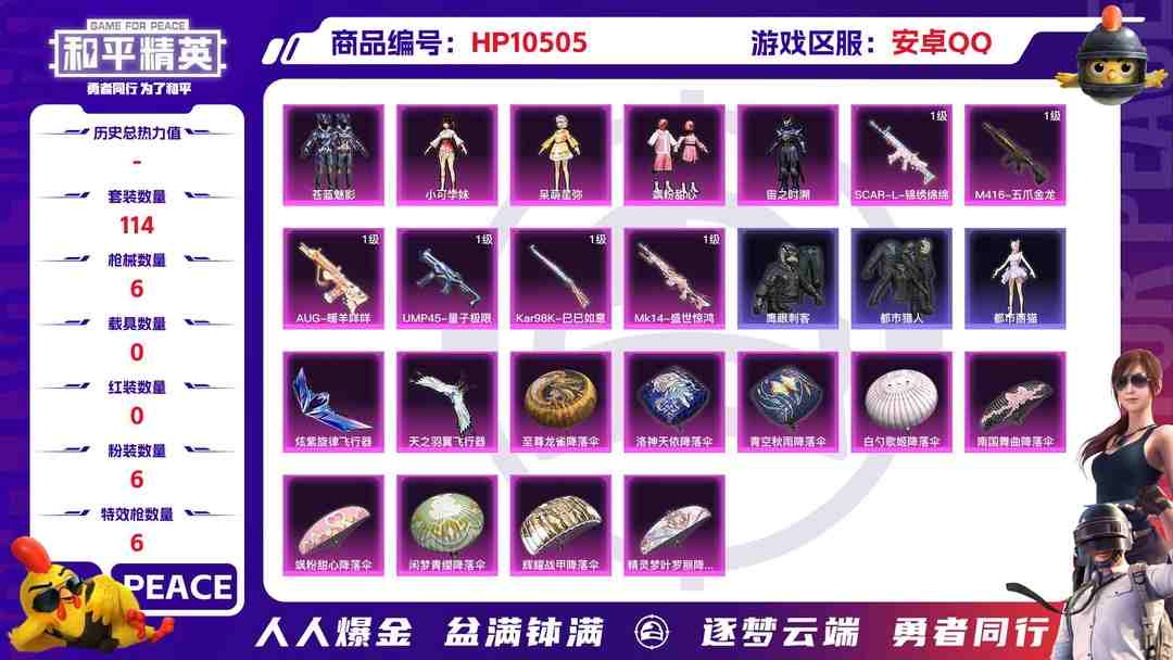 和平精英账号安卓QQ【HPX227】114套装/枪械6/装备233/战备154/王牌印记12/热力值58520/五级SCAR-L-锦绣绵绵/七级M416-五爪金龙/五级AUG-暖羊咩咩/五级UMP45-量子极限/五级K