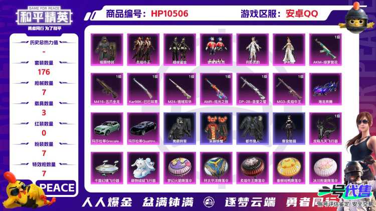 【HPX239】176套装/枪械7/装备338/载具3/战备172/王牌印记13/热力值80692/五级AKM-绿萝繁花/七级M416-五爪金龙/五级Kar98K-巳巳如意/三级M24-镜域双华/七