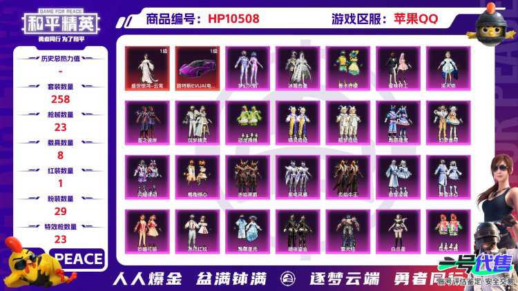【HPX259】258套装/枪械23/装备572/载具8/战备264/王牌印记17/热力值162408/七级AKM-炫紫旋律/五级SCAR-L-甜梦小狐/一级M416-五爪金龙/三级M416-墨龙九