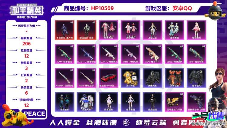 【HPX262】206套装/枪械12/装备425/载具3/战备219/王牌印记16/热力值106221/五级AKM-绿萝繁花/三级AKM-幽焰骑士/七级SCAR-L-青春物语/五级SCAR-L-锦绣