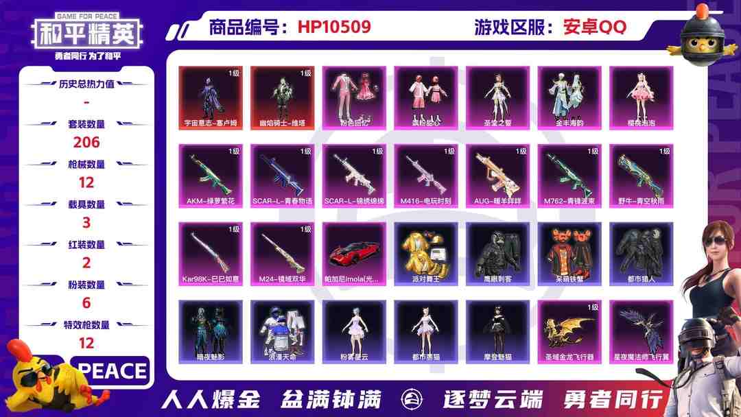 和平精英账号安卓QQ【HPX262】206套装/枪械12/装备425/载具3/战备219/王牌印记16/热力值106221/五级AKM-绿萝繁花/三级AKM-幽焰骑士/七级SCAR-L-青春物语/五级SCAR-L-锦绣