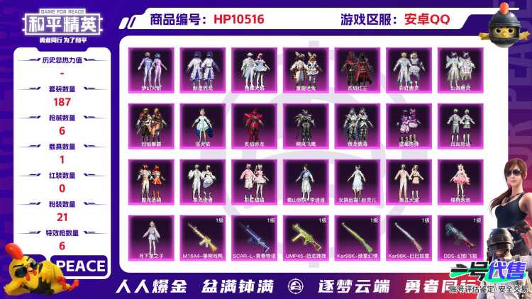 【HPX318】187套装/枪械6/装备348/载具1/战备176/王牌印记10/热力值82768/二级M16A4-垂柳戏鸭/七级SCAR-L-青春物语/七级UMP45-恐龙拽拽/七级Kar98K-
