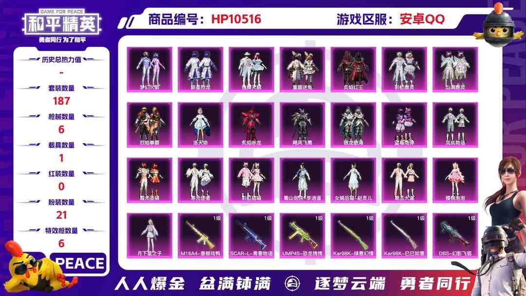和平精英账号安卓QQ【HPX318】187套装/枪械6/装备348/载具1/战备176/王牌印记10/热力值82768/二级M16A4-垂柳戏鸭/七级SCAR-L-青春物语/七级UMP45-恐龙拽拽/七级Kar98K-
