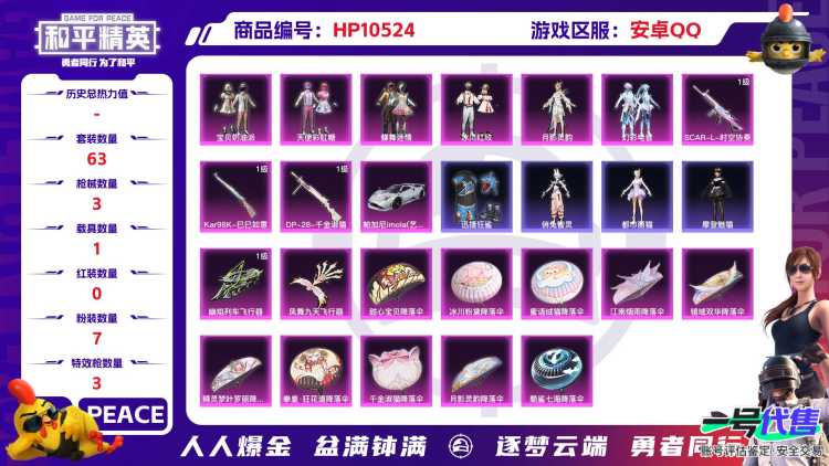 【HPX336】63套装/枪械3/装备154/载具1/战备87/王牌印记3/热力值29474/三级SCAR-L-时空协奏/五级Kar98K-巳巳如意/四级DP-28-千金淑猫/帕加尼imola(艺术