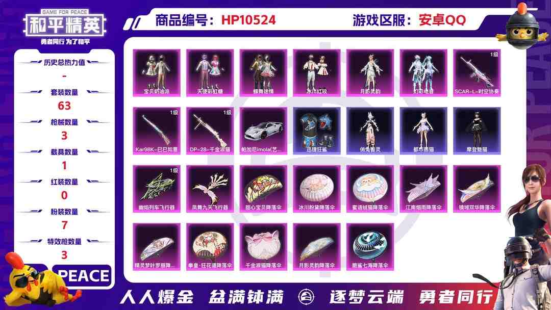 和平精英账号安卓QQ【HPX336】63套装/枪械3/装备154/载具1/战备87/王牌印记3/热力值29474/三级SCAR-L-时空协奏/五级Kar98K-巳巳如意/四级DP-28-千金淑猫/帕加尼imola(艺术