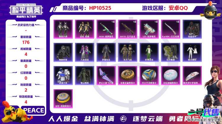【HPX337】176套装/枪械4/装备186/战备123/王牌印记12/热力值61449/五级AKM-绿萝繁花/七级M416-五爪金龙/七级UZI-筑梦精灵/五级Kar98K-巳巳如意/数码大师/