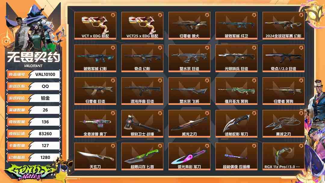 无畏契约账号QQ【WYF1009】终极*42/卓越*11/皮肤*136/等级*122/段位:铂金/塑水宗套装/RGX 11z Pro//3.0套装/奇点//2.0套装/归零者套装/破败军械套装/VCTxEDG 队伍