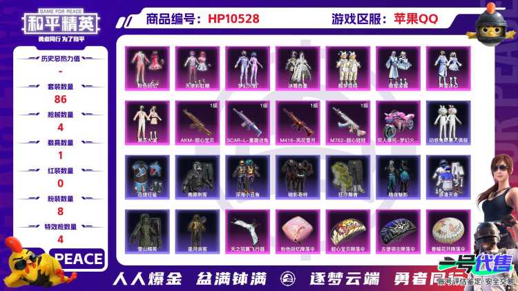 【HPN454】86套装/枪械4/载具1/战备72/王牌印记5/热力值35335/六级AKM-甜心宝贝/六级SCAR-L-童趣迷兔/四级M416-风花雪月/五级M762-甜心娃娃/双人摩托-梦幻火箭