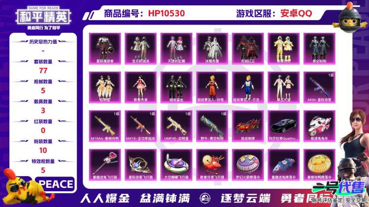 【HPN486】77套装/枪械5/装备136/载具3/战备72/王牌印记4/热力值39499/四级AKM-星际浪客/四级M16A4-垂柳戏鸭/四级M416-全功率超战/七级UMP45-启明星/四级野