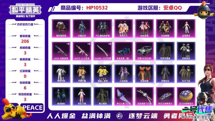 【HPN520】206套装/枪械3/装备278/载具3/战备169/王牌印记12/热力值84124/七级AKM-炫紫旋律/七级M416-心之恋语/五级Kar98K-巳巳如意/仰望U8(龙石绿)/合金