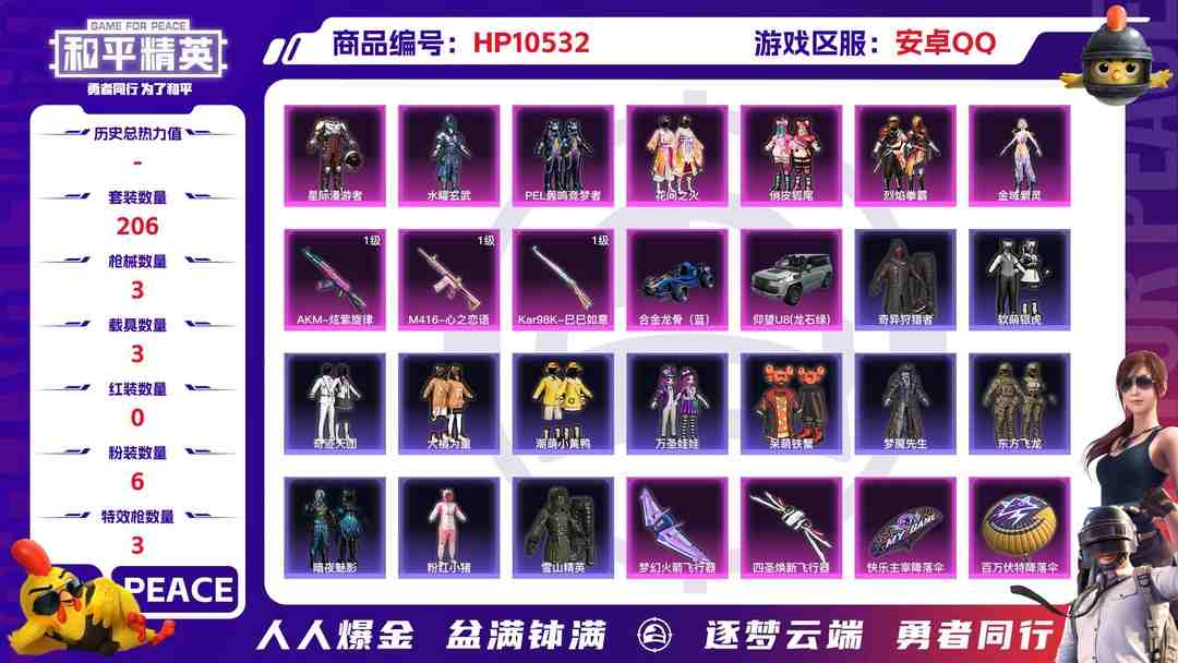 和平精英账号安卓QQ【HPN520】206套装/枪械3/装备278/载具3/战备169/王牌印记12/热力值84124/七级AKM-炫紫旋律/七级M416-心之恋语/五级Kar98K-巳巳如意/仰望U8(龙石绿)/合金