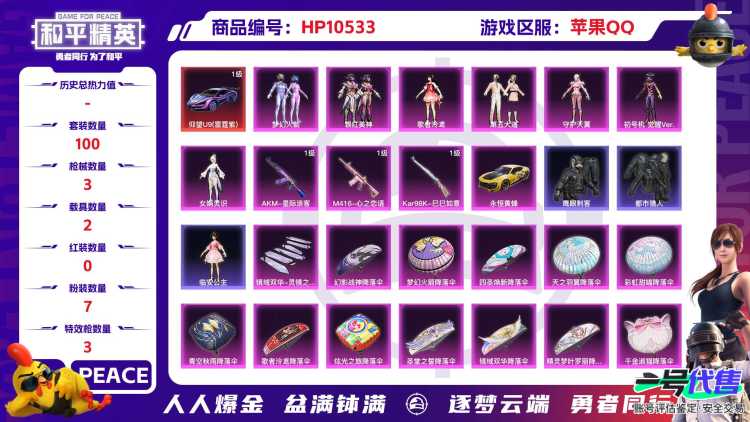 【HPN525】100套装/枪械3/装备223/载具2/战备115/王牌印记12/热力值53674/七级AKM-星际浪客/七级M416-心之恋语/五级Kar98K-巳巳如意/二级仰望U9（雷霆紫）/