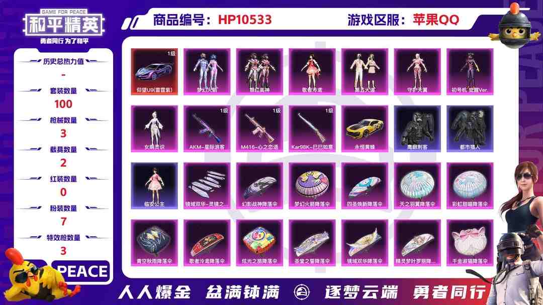 和平精英账号苹果QQ【HPN525】100套装/枪械3/装备223/载具2/战备115/王牌印记12/热力值53674/七级AKM-星际浪客/七级M416-心之恋语/五级Kar98K-巳巳如意/二级仰望U9（雷霆紫）/