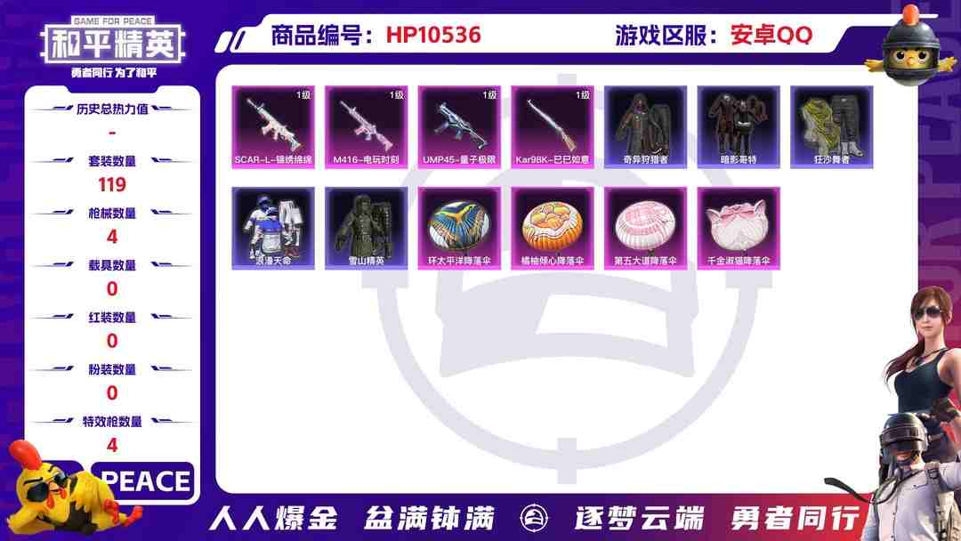 和平精英账号安卓QQ【HPN551】119套装/枪械4/装备121/战备110/王牌印记13/热力值36387/五级SCAR-L-锦绣绵绵/五级M416-电玩时刻/五级UMP45-量子极限/五级Kar98K-巳巳如意/