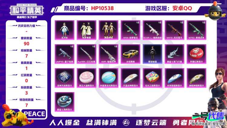 【HPN564】90套装/枪械7/装备193/载具1/战备123/王牌印记9/热力值46250/五级AKM-绿萝繁花/五级SCAR-L-锦绣绵绵/七级M416-风花雪月/五级M762-青锋波束/五级