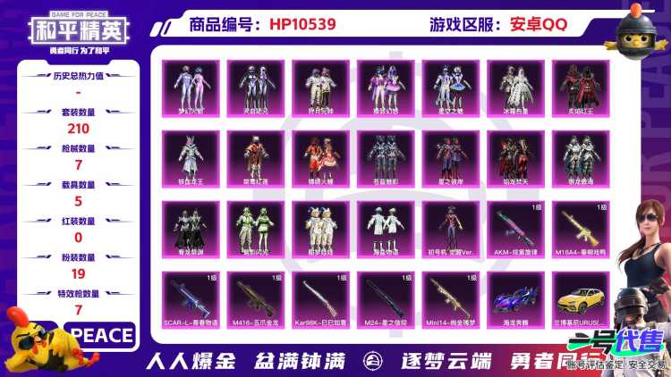 【HPN566】210套装/枪械7/装备355/载具5/战备200/王牌印记18/热力值97925/七级AKM-炫紫旋律/四级M16A4-垂柳戏鸭/五级SCAR-L-青春物语/七级M416-五爪金龙