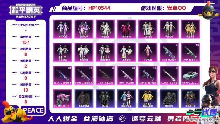 【HPN603】157套装/枪械8/装备254/载具2/战备146/王牌印记11/热力值66955/五级AKM-绿萝繁花/五级AKM-梦之光华/六级SCAR-L-童趣迷兔/四级SCAR-L-青春物语