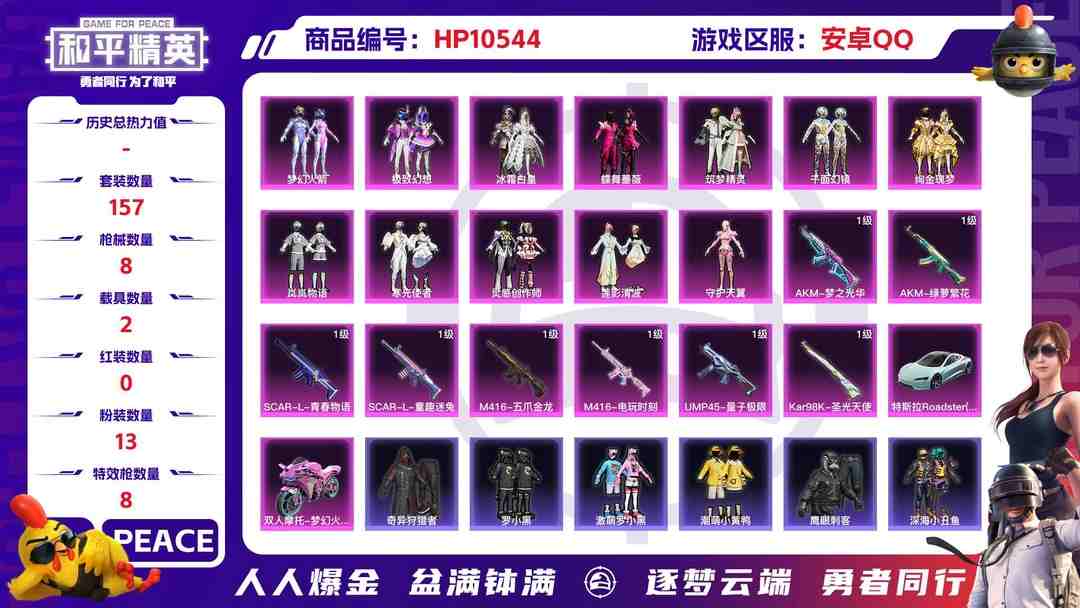和平精英账号安卓QQ【HPN603】157套装/枪械8/装备254/载具2/战备146/王牌印记11/热力值66955/五级AKM-绿萝繁花/五级AKM-梦之光华/六级SCAR-L-童趣迷兔/四级SCAR-L-青春物语