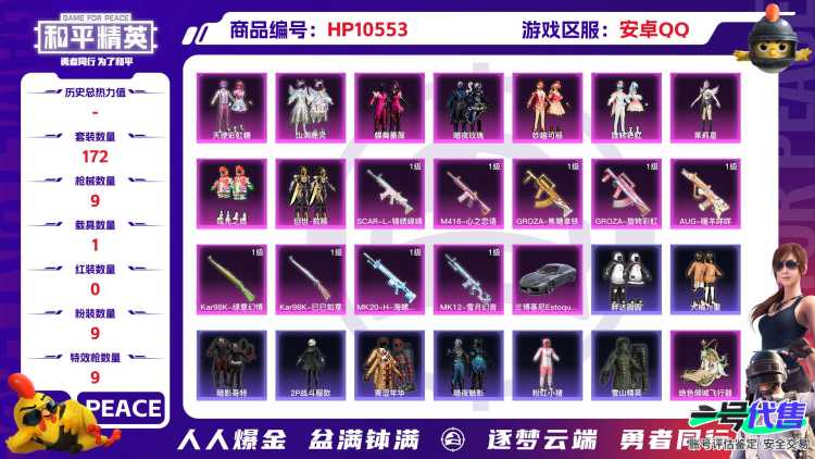 【HPN644】172套装/枪械9/装备275/载具1/战备191/王牌印记11/热力值77005/五级SCAR-L-锦绣绵绵/七级M416-心之恋语/五级GROZA-焦糖拿铁/七级GROZA-旋转
