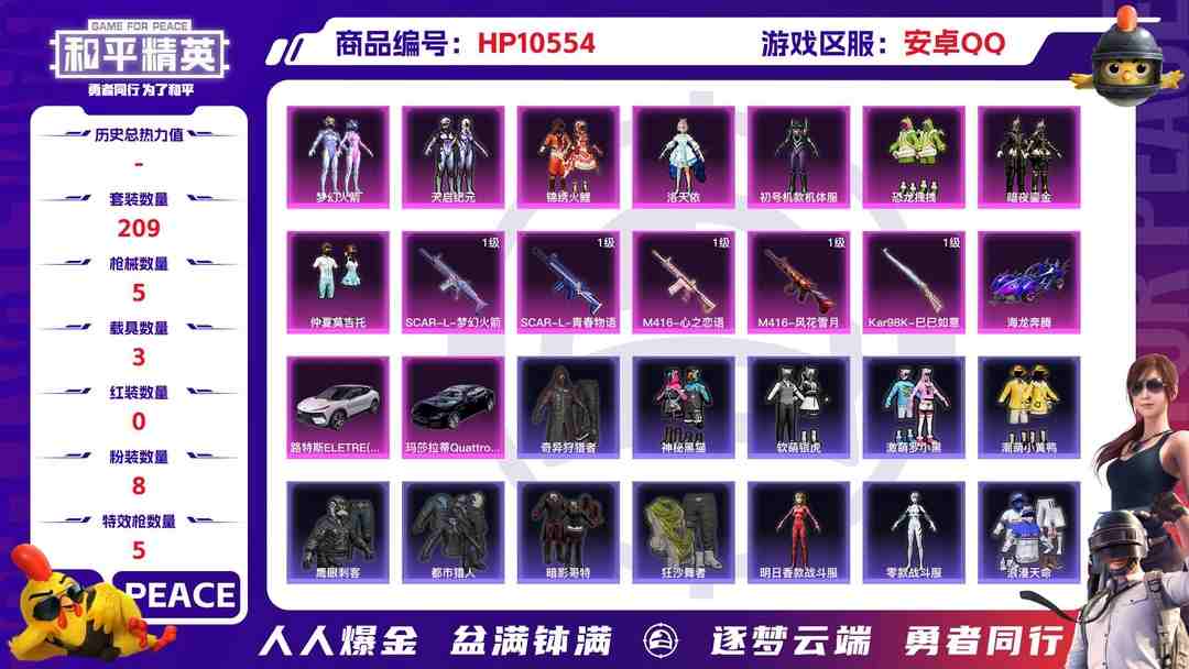 和平精英账号安卓QQ【HPN648】209套装/枪械5/装备279/载具3/战备174/王牌印记7/热力值85921/六级SCAR-L-梦幻火箭/二级SCAR-L-青春物语/四级M416-心之恋语/七级M416-风花雪