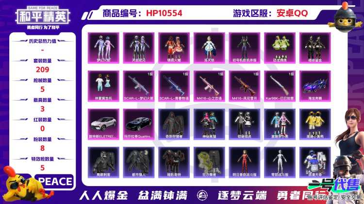 【HPN648】209套装/枪械5/装备279/载具3/战备174/王牌印记7/热力值85921/六级SCAR-L-梦幻火箭/二级SCAR-L-青春物语/四级M416-心之恋语/七级M416-风花雪