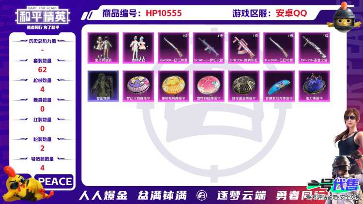 【HPN651】62套装/枪械4/装备96/战备68/王牌印记3/热力值25086/四级SCAR-L-梦幻火箭/四级GROZA-旋转彩虹/Kar98K-巳巳如意/四级DP-28-圣堂之誓/宝贝奶油派