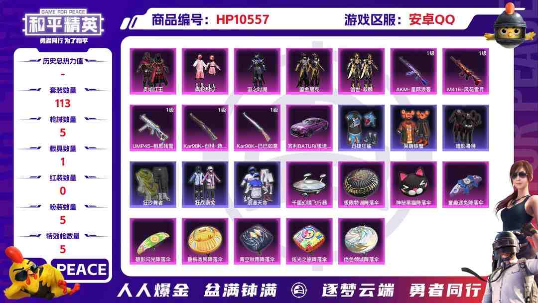 和平精英账号安卓QQ【HPN665】113套装/枪械5/装备174/载具1/战备103/王牌印记7/热力值45711/五级AKM-星际浪客/七级M416-风花雪月/五级UMP45-相思残雪/四级Kar98K-创世·救赎