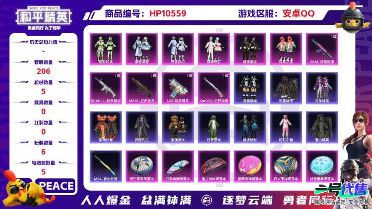 【HPN668】206套装/枪械5/装备264/战备168/王牌印记9/热力值78606/四级AKM-炫紫旋律/七级SCAR-L-纯梦嫁纱/四级M416-五爪金龙/七级UZI-筑梦精灵/五级Kar9