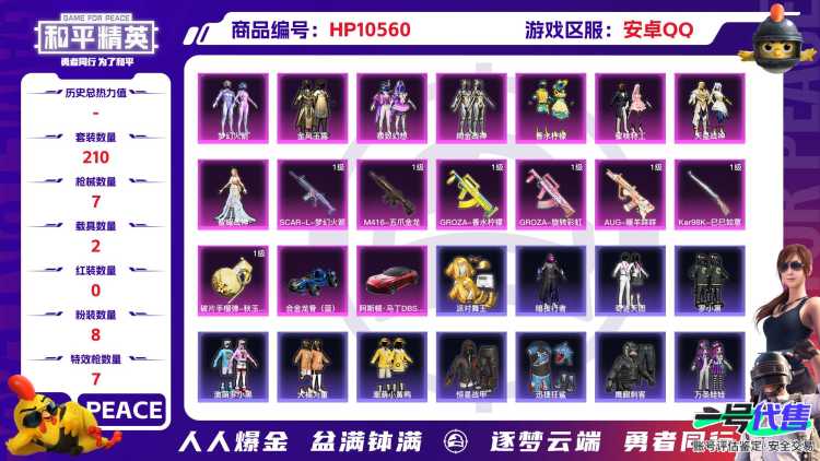 【HPN670】210套装/枪械7/装备333/载具2/战备189/王牌印记10/热力值88938/五级SCAR-L-梦幻火箭/七级M416-五爪金龙/七级GROZA-香水柠檬/四级GROZA-旋转