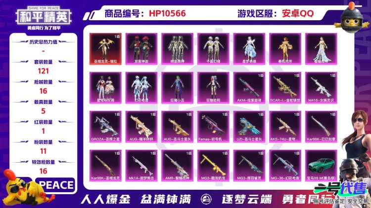 【HPN686】121套装/枪械16/装备227/载具5/战备123/王牌印记3/热力值66937/二级AKM-炫紫旋律/五级SCAR-L-金蛇镇世/四级M416-女娲灵识/四级GROZA-圣辉之星