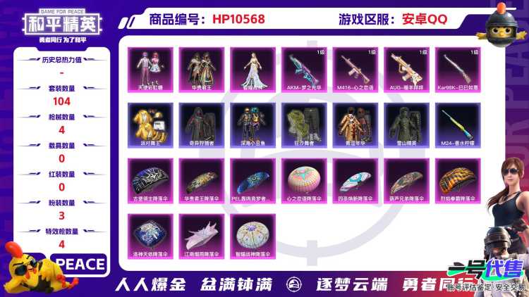 【HPN689】104套装/枪械4/装备152/战备83/王牌印记3/热力值40000/七级AKM-梦之光华/五级M416-心之恋语/五级AUG-暖羊咩咩/五级Kar98K-巳巳如意/天使彩虹糖/华