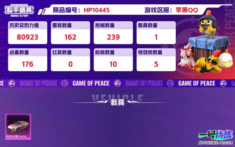 苹果QQ 历史总热力值:80923 粉装数量:10 特效枪数量:5 载具数量:1 王牌印记:13 历史最高段位:绝世王牌17星 套装数量:162 时装数量:602 枪械数量:239 战备数量:1...