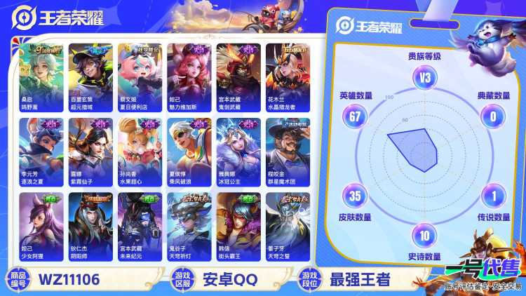 【WZ1973】贵族3/皮肤35/传说1/史诗11/英雄67/桑启_鸣野蒿/百里玄策_超元猎域/程咬金_群星魔术团/狄仁杰_阴阳师/鬼谷子_天穹祈灯/刘邦_剑破天穹/沈梦溪_龙舞盛年/蔡文姬_夏日便