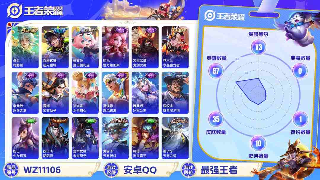 王者荣耀账号安卓QQ【WZ1973】贵族3/皮肤35/传说1/史诗11/英雄67/桑启_鸣野蒿/百里玄策_超元猎域/程咬金_群星魔术团/狄仁杰_阴阳师/鬼谷子_天穹祈灯/刘邦_剑破天穹/沈梦溪_龙舞盛年/蔡文姬_夏日便