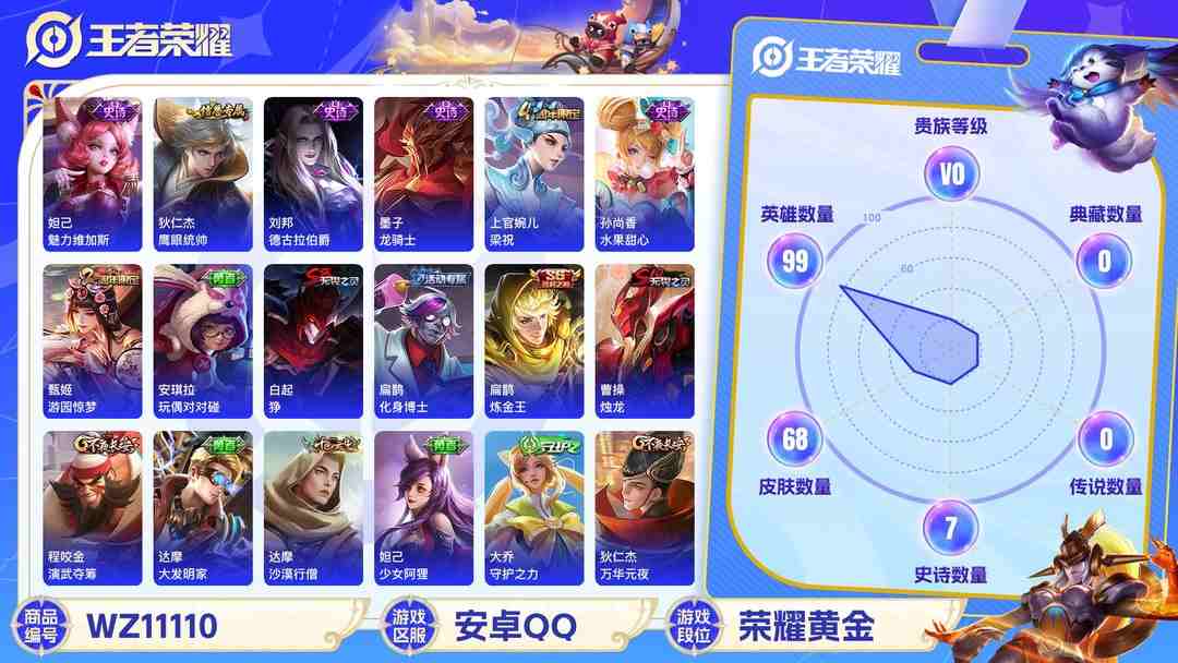 王者荣耀账号安卓QQ【WZ2807】贵族0/皮肤68/史诗7/英雄99/白起_狰/狄仁杰_阴阳师/虞姬_凯尔特女王/孙膑_妖精王/扁鹊_炼金王/夏侯惇_朔风刀/甄姬_游园惊梦/曹操_烛龙/狄仁杰_万华元夜/达摩_沙漠行