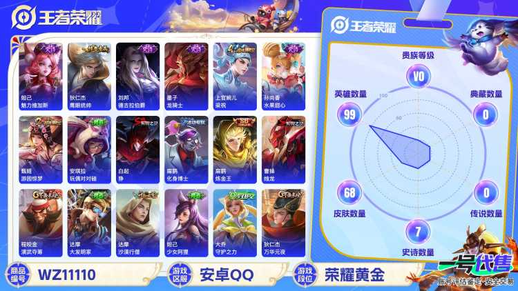 【WZ2807】贵族0/皮肤68/史诗7/英雄99/白起_狰/狄仁杰_阴阳师/虞姬_凯尔特女王/孙膑_妖精王/扁鹊_炼金王/夏侯惇_朔风刀/甄姬_游园惊梦/曹操_烛龙/狄仁杰_万华元夜/达摩_沙漠行