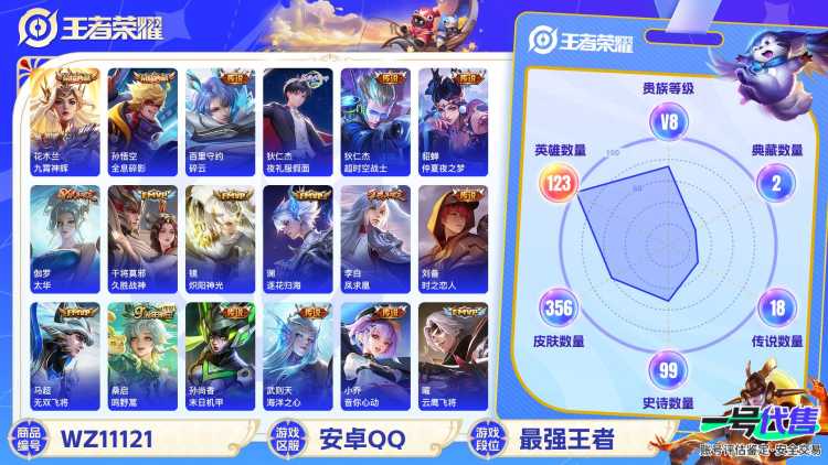 【WZ3169】贵族8/皮肤356/典藏3/传说18/史诗104/英雄123/武则天/孙悟空_全息碎影/花木兰_九霄神辉/孙尚香_蔷薇恋人/狂铁_特工战影/小乔_音你心动/赵云_淬星耀世/孙尚香_末