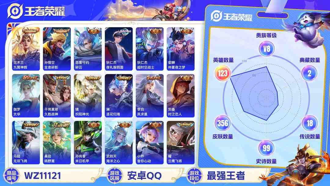 王者荣耀账号安卓QQ【WZ3169】贵族8/皮肤356/典藏3/传说18/史诗104/英雄123/武则天/孙悟空_全息碎影/花木兰_九霄神辉/孙尚香_蔷薇恋人/狂铁_特工战影/小乔_音你心动/赵云_淬星耀世/孙尚香_末