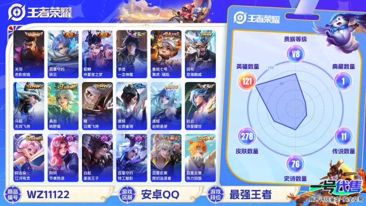 【WZ3170】贵族8/皮肤278/典藏1/传说11/史诗74/英雄121/关羽_赤影疾锋/艾琳_女武神/高渐离_玩趣恶龙/狂铁_特工战影/赵云_淬星耀世/鲁班七号_寅虎·瑞焰/吕布_怒海麟威/貂蝉